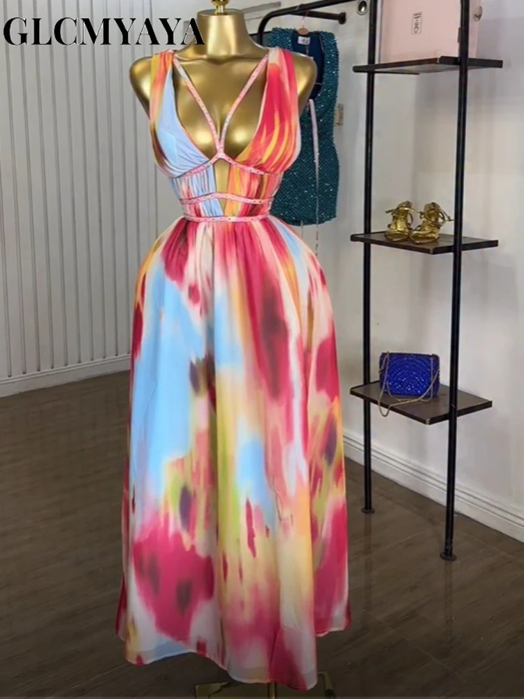 CM.YAYA Women Tie Dye Print Diamonds Hot Rhinestones Strap A-line Midi Maxi Long Dress 2025 Beach Holiday Party Birthday Dresses