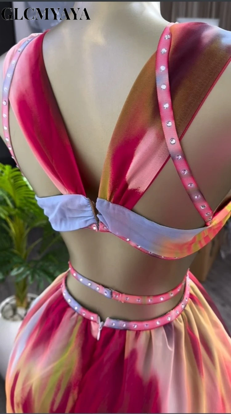 CM.YAYA Women Tie Dye Print Diamonds Hot Rhinestones Strap A-line Midi Maxi Long Dress 2025 Beach Holiday Party Birthday Dresses