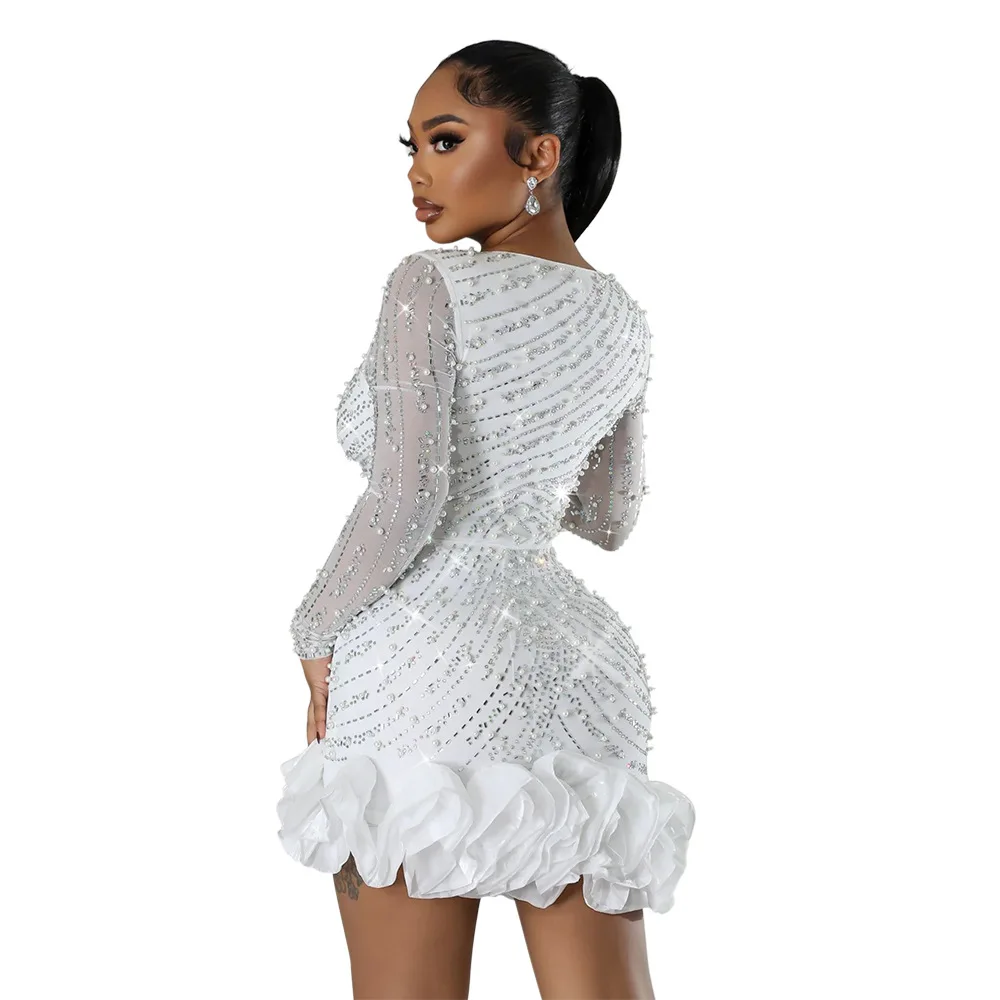 CM.YAYA Spring Women Long Sleeve Ruffles Hot Drilling Bead Short Dress Sexy Night Club Evening Birthday Mini Dresses Vestidos