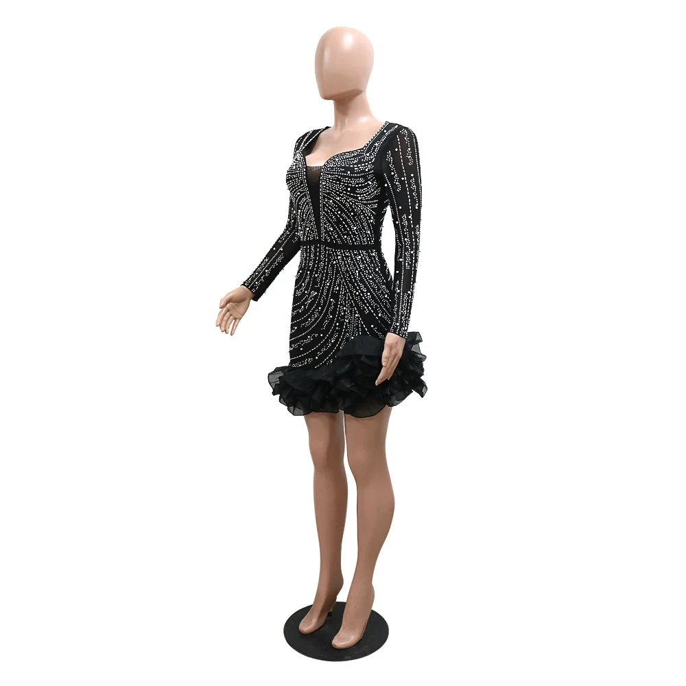 CM.YAYA Spring Women Long Sleeve Ruffles Hot Drilling Bead Short Dress Sexy Night Club Evening Birthday Mini Dresses Vestidos