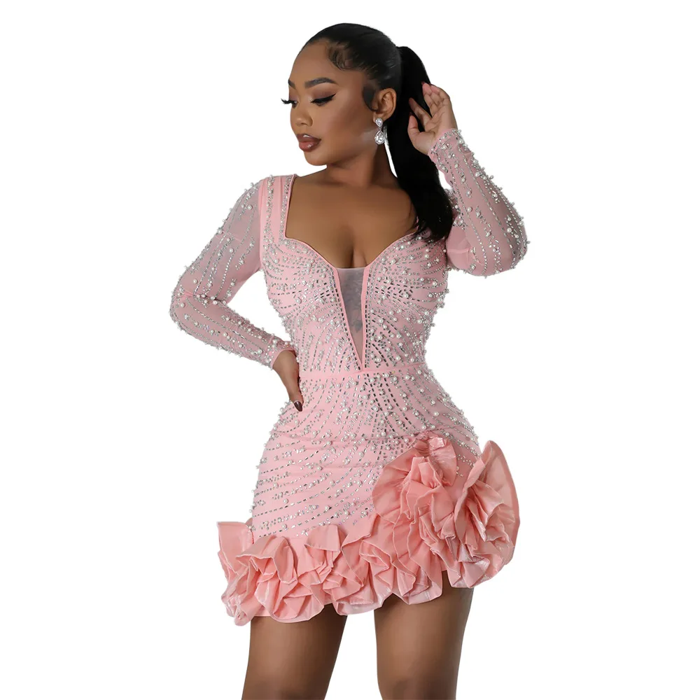 CM.YAYA Spring Women Long Sleeve Ruffles Hot Drilling Bead Short Dress Sexy Night Club Evening Birthday Mini Dresses Vestidos