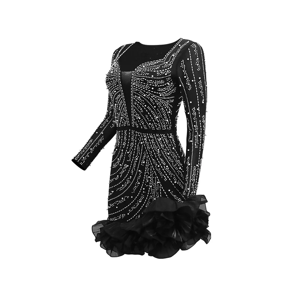 CM.YAYA Spring Women Long Sleeve Ruffles Hot Drilling Bead Short Dress Sexy Night Club Evening Birthday Mini Dresses Vestidos