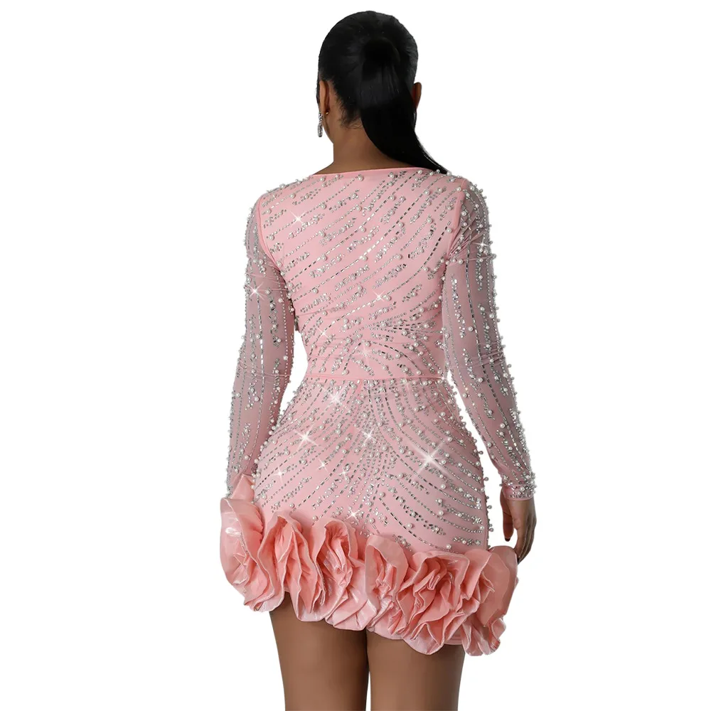 CM.YAYA Spring Women Long Sleeve Ruffles Hot Drilling Bead Short Dress Sexy Night Club Evening Birthday Mini Dresses Vestidos
