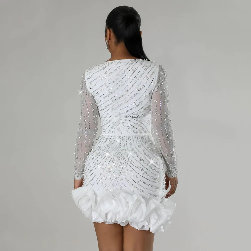 CM.YAYA Spring Women Long Sleeve Ruffles Hot Drilling Bead Short Dress Sexy Night Club Evening Birthday Mini Dresses Vestidos