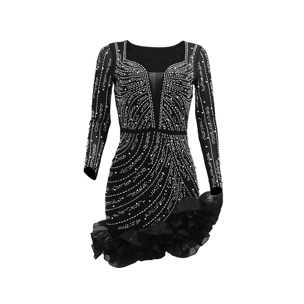 CM.YAYA Spring Women Long Sleeve Ruffles Hot Drilling Bead Short Dress Sexy Night Club Evening Birthday Mini Dresses Vestidos