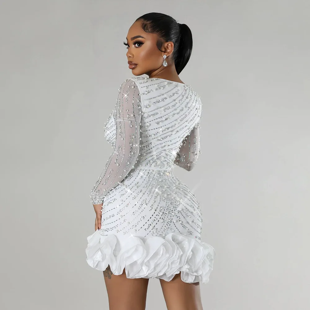 CM.YAYA Spring Women Long Sleeve Ruffles Hot Drilling Bead Short Dress Sexy Night Club Evening Birthday Mini Dresses Vestidos