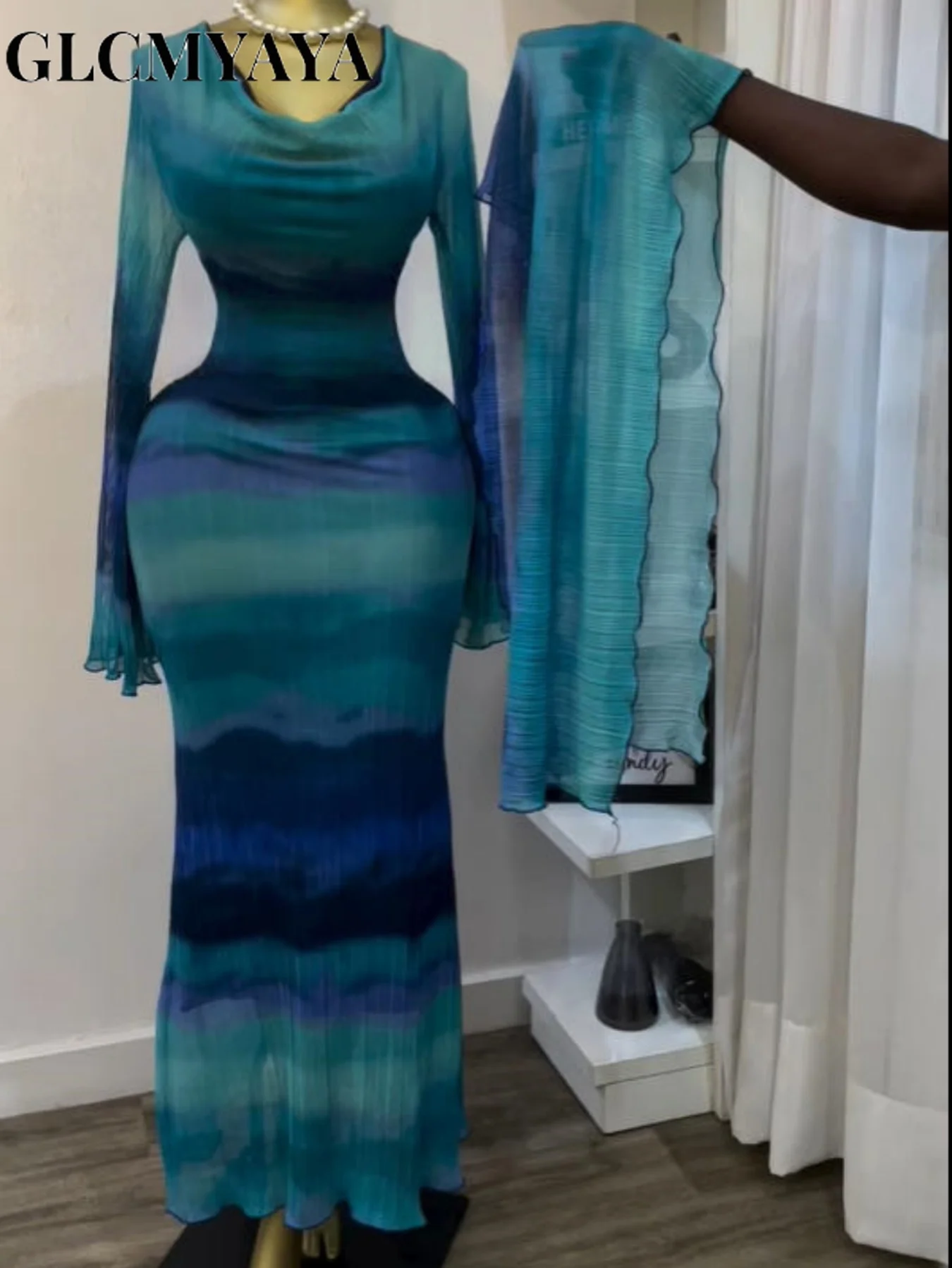 CM.YAYA Women Tie Dye Lace Up Back with Scarf Bodycon Midi Long Sleeve Pleated Maxi Dress Party Education Vacation Long Dresses