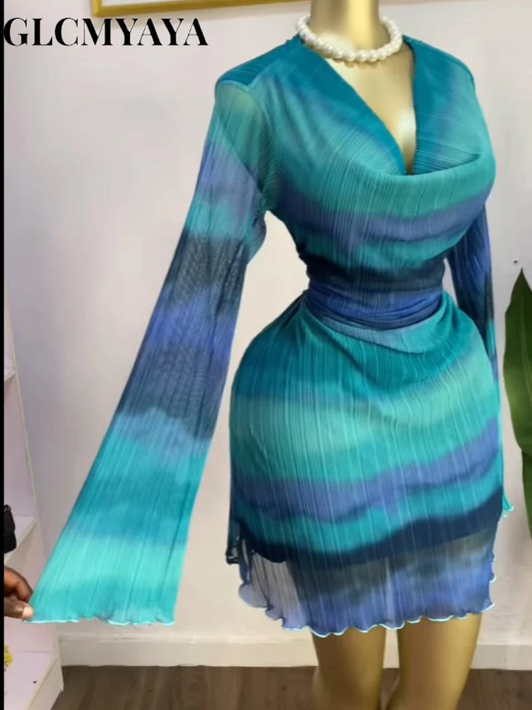 CM.YAYA Women Tie Dye Lace Up Back with Scarf Bodycon Midi Long Sleeve Pleated Maxi Dress Party Education Vacation Long Dresses