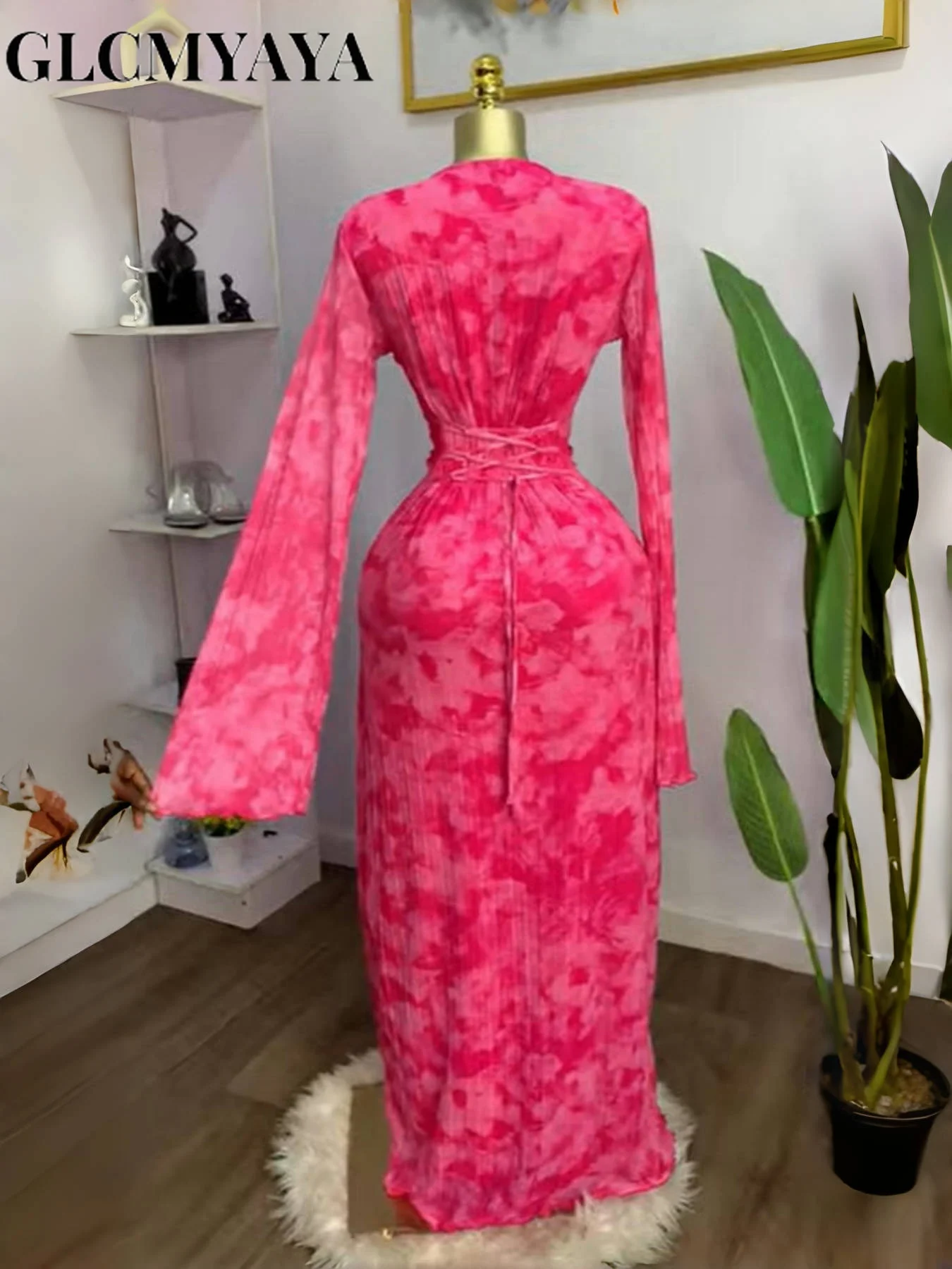 CM.YAYA Women Tie Dye Lace Up Back with Scarf Bodycon Midi Long Sleeve Pleated Maxi Dress Party Education Vacation Long Dresses