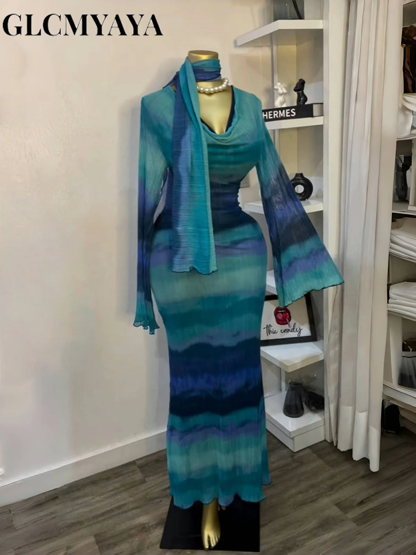 CM.YAYA Women Tie Dye Lace Up Back with Scarf Bodycon Midi Long Sleeve Pleated Maxi Dress Party Education Vacation Long Dresses