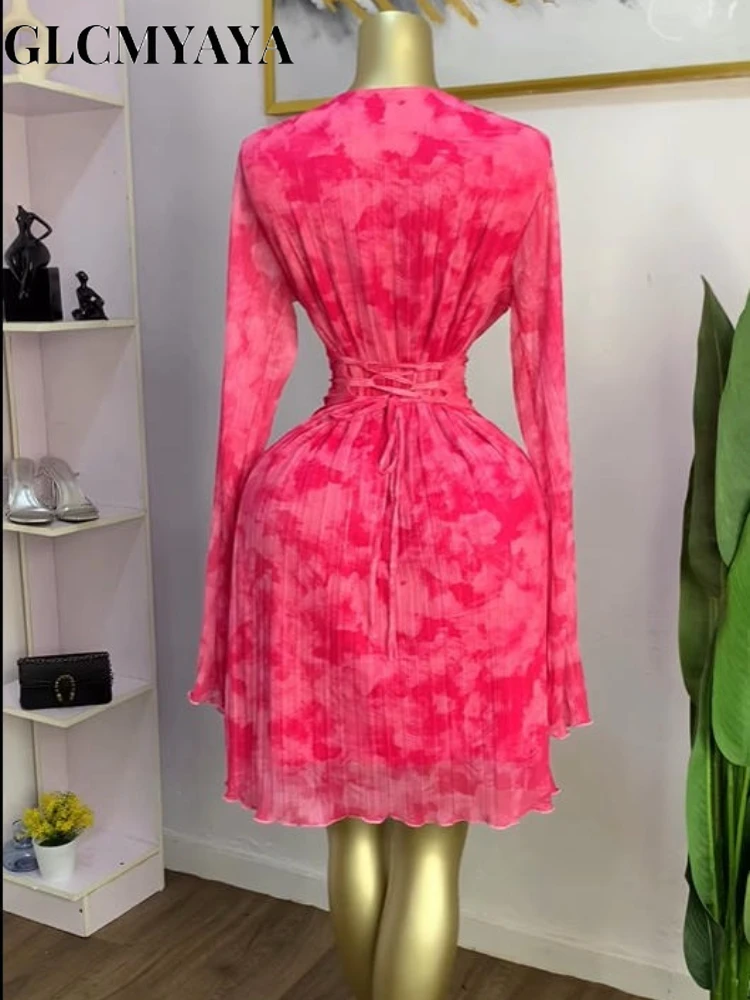 CM.YAYA Women Tie Dye Lace Up Back with Scarf Bodycon Midi Long Sleeve Pleated Maxi Dress Party Education Vacation Long Dresses