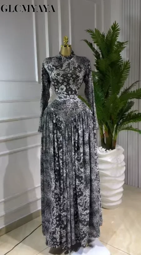 GLCMYAYA Women Full Sleeve Floral Printed O-neck Maxi Long Dress 2025 Evening Birthday Vacation Sexy Party Club Vestidos Dresses