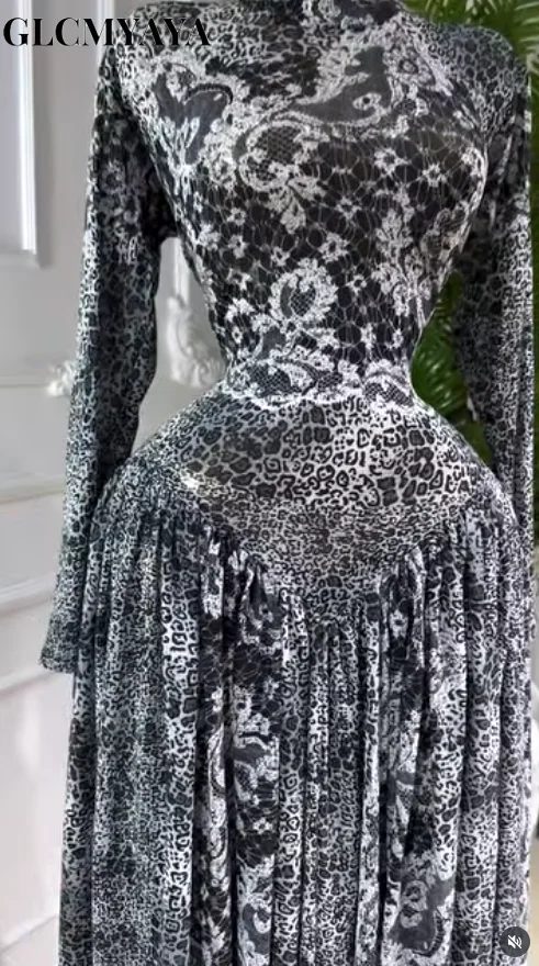 GLCMYAYA Women Full Sleeve Floral Printed O-neck Maxi Long Dress 2025 Evening Birthday Vacation Sexy Party Club Vestidos Dresses