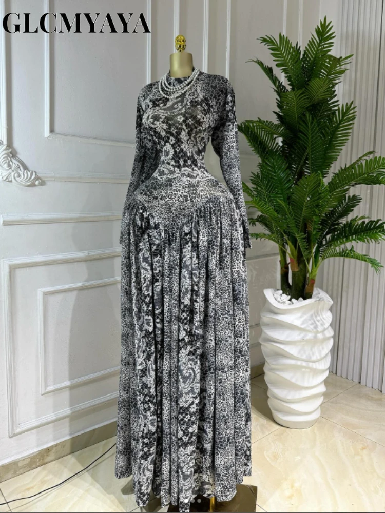 GLCMYAYA Women Full Sleeve Floral Printed O-neck Maxi Long Dress 2025 Evening Birthday Vacation Sexy Party Club Vestidos Dresses