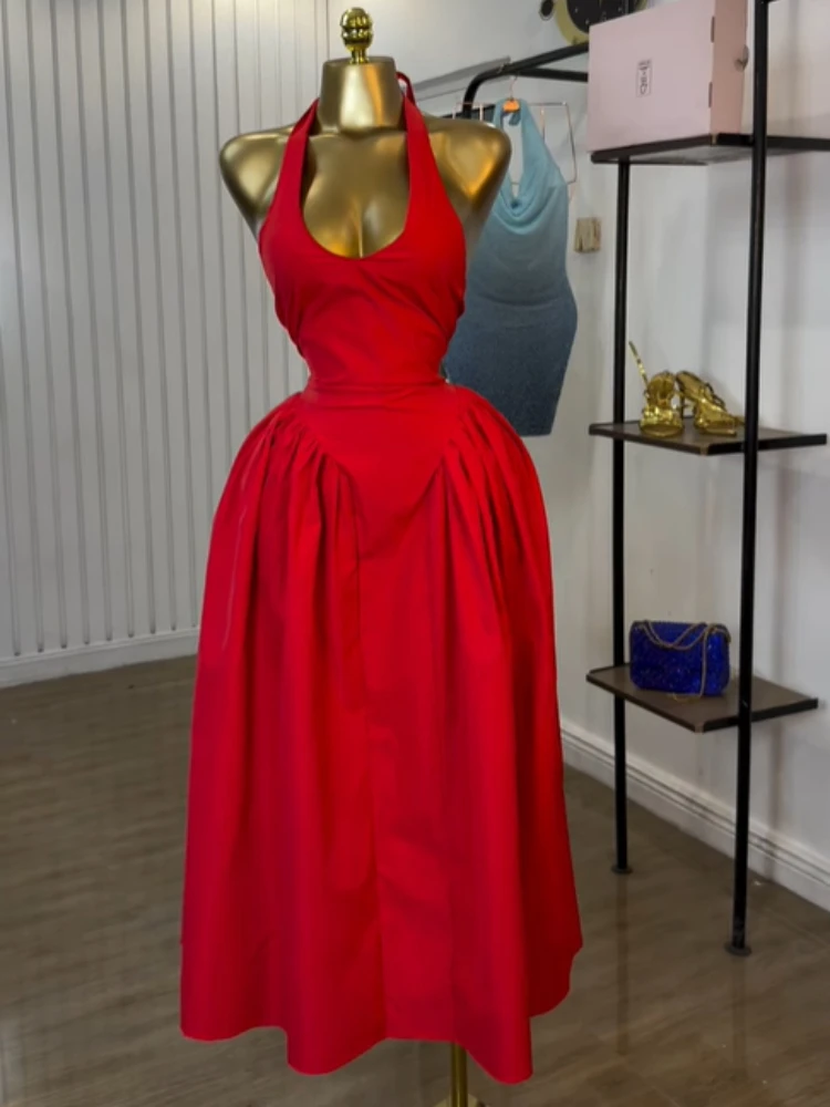 CM.YAYA Women Halter V-neck Backless Sleeveless Big Swing Bodycon Mid Maxi Long Dress 2025 Vacation Sexy Party Evening Dresses