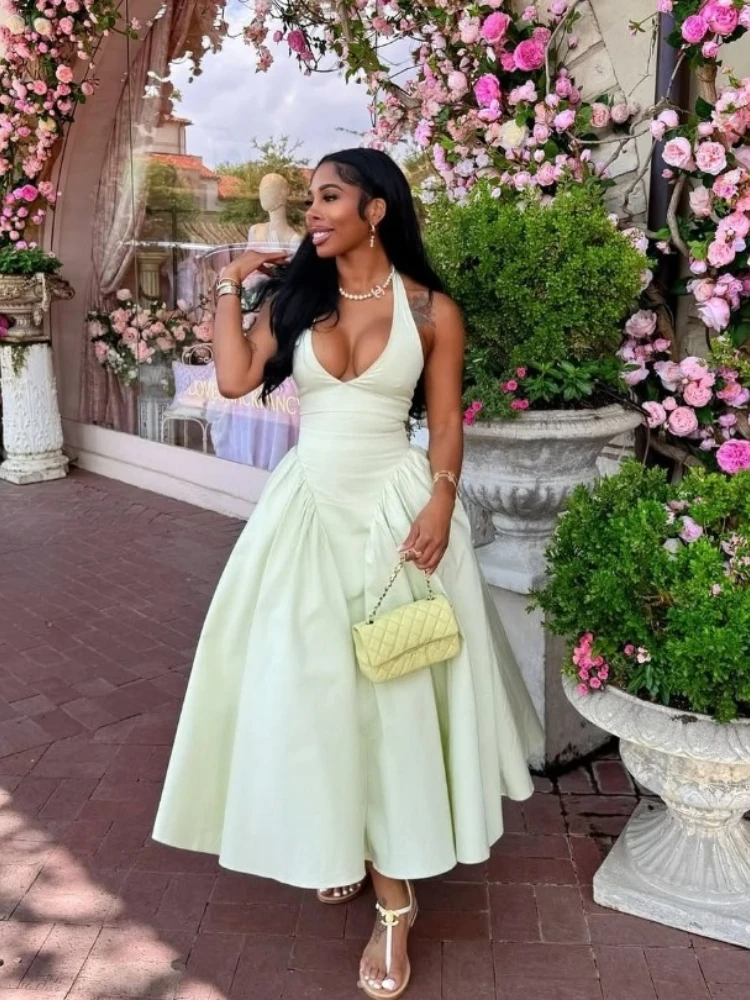 CM.YAYA Women Halter V-neck Backless Sleeveless Big Swing Bodycon Mid Maxi Long Dress 2025 Vacation Sexy Party Evening Dresses