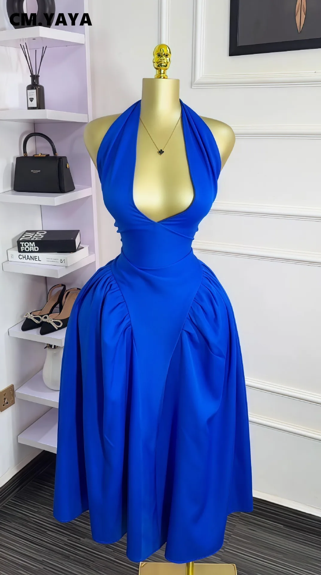 CM.YAYA Women Halter V-neck Backless Sleeveless Big Swing Bodycon Mid Maxi Long Dress 2025 Vacation Sexy Party Evening Dresses