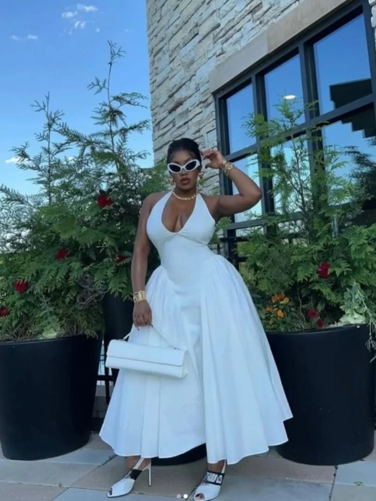 CM.YAYA Women Halter V-neck Backless Sleeveless Big Swing Bodycon Mid Maxi Long Dress 2025 Vacation Sexy Party Evening Dresses