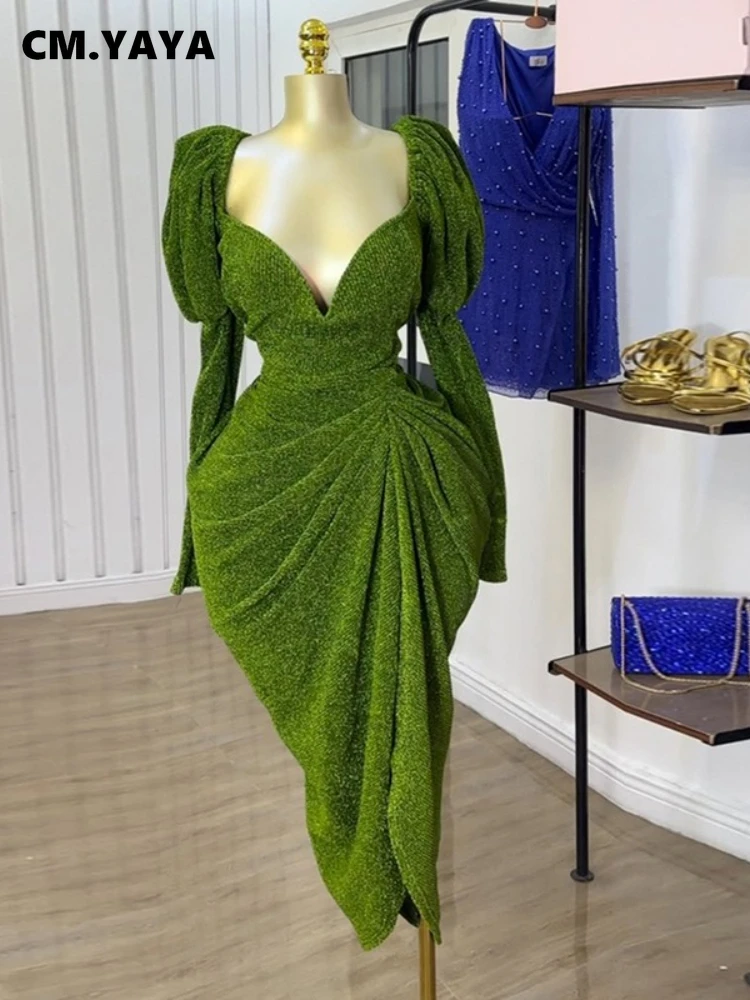 CM.YAYA Women Long Sleeve Strapless Ruched Mini Midi Dress 2025 Summer Evening Vacation Birthday Party Vestidos Sexy Dresses
