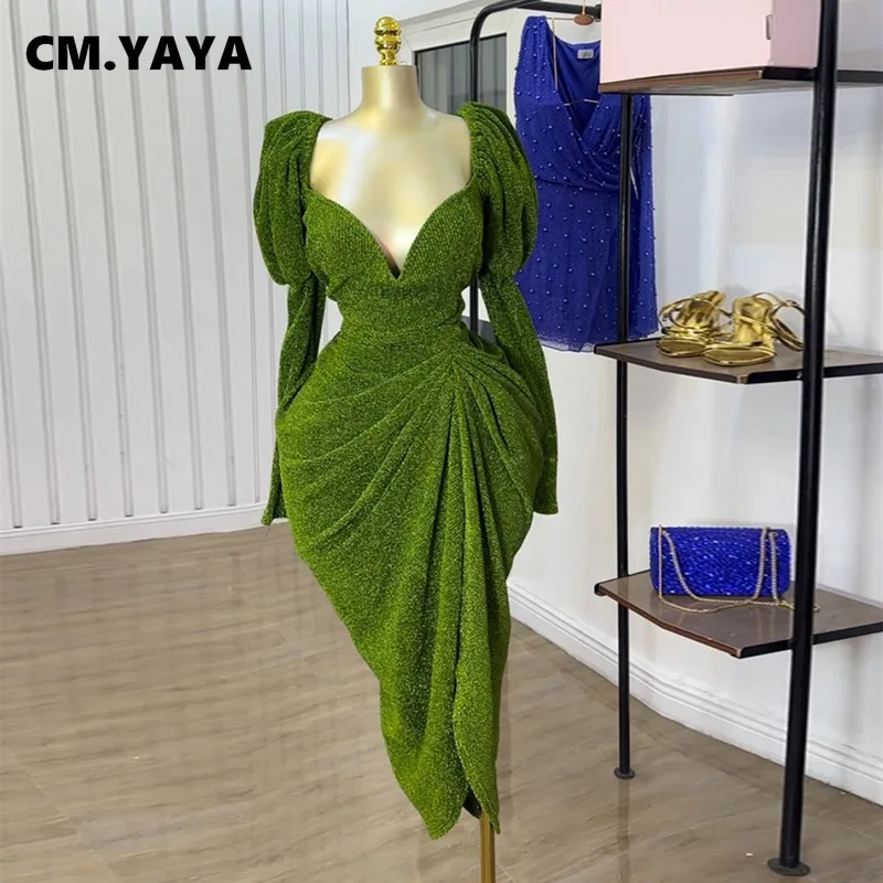CM.YAYA Women Long Sleeve Strapless Ruched Mini Midi Dress 2025 Summer Evening Vacation Birthday Party Vestidos Sexy Dresses