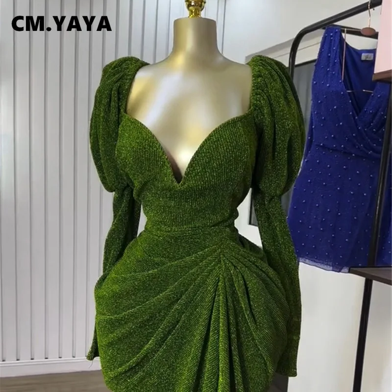 CM.YAYA Women Long Sleeve Strapless Ruched Mini Midi Dress 2025 Summer Evening Vacation Birthday Party Vestidos Sexy Dresses