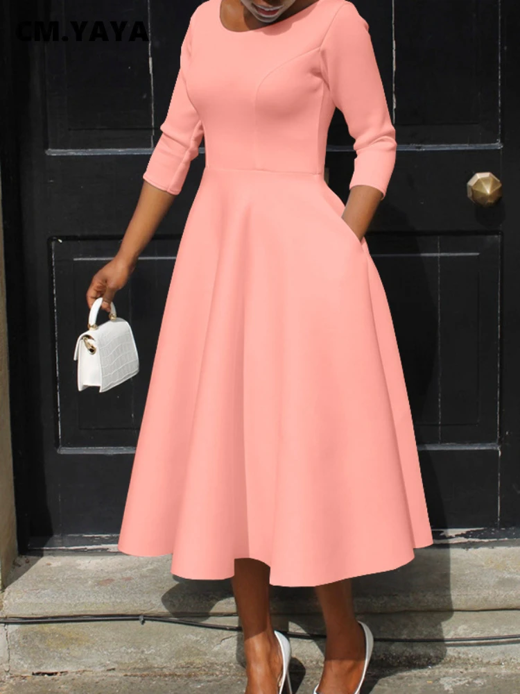 CM.YAYA Women Twist Length Sleeve O-neck Big Swing Retro Dress 2023 Autumn Fashion Vintage Vestidos Even Party Cocktail Dresses
