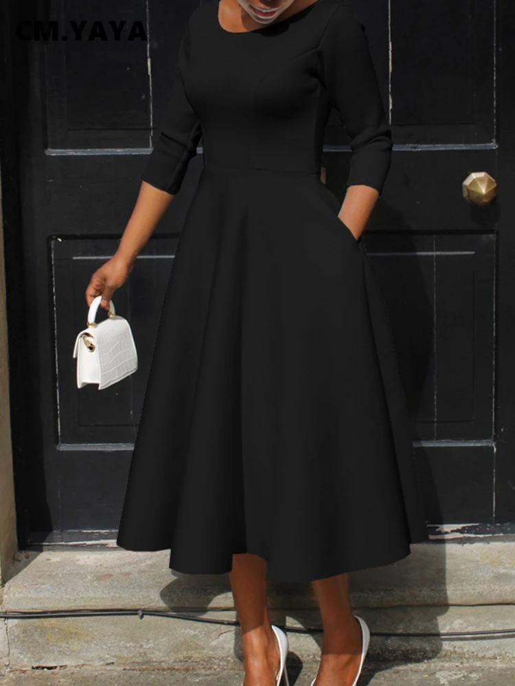 CM.YAYA Women Twist Length Sleeve O-neck Big Swing Retro Dress 2023 Autumn Fashion Vintage Vestidos Even Party Cocktail Dresses
