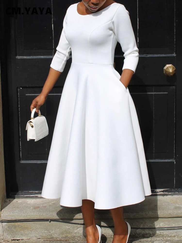 CM.YAYA Women Twist Length Sleeve O-neck Big Swing Retro Dress 2023 Autumn Fashion Vintage Vestidos Even Party Cocktail Dresses
