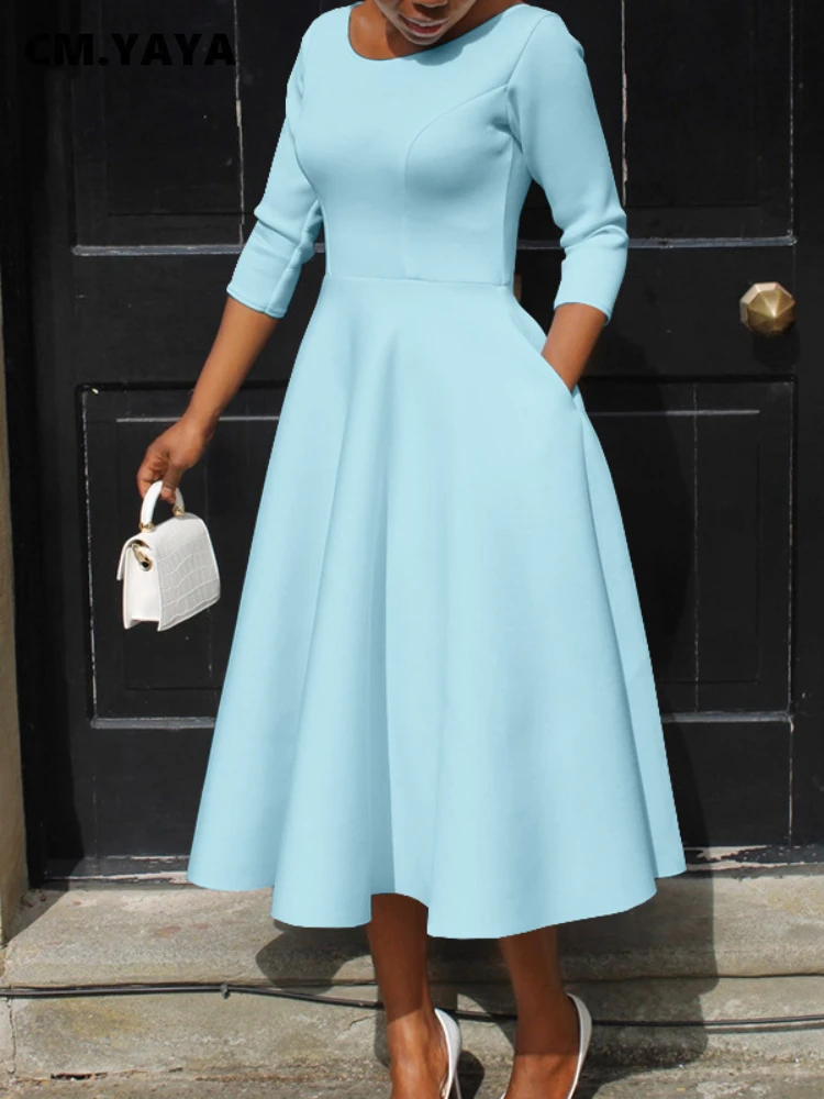 CM.YAYA Women Twist Length Sleeve O-neck Big Swing Retro Dress 2023 Autumn Fashion Vintage Vestidos Even Party Cocktail Dresses