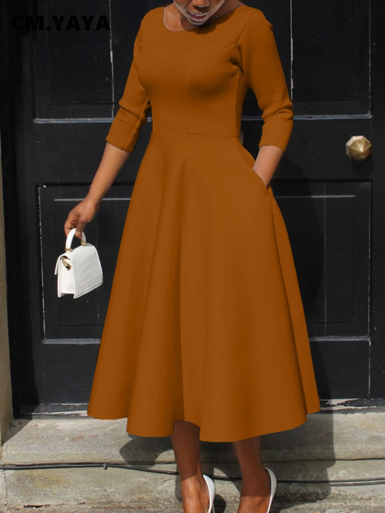 CM.YAYA Women Twist Length Sleeve O-neck Big Swing Retro Dress 2023 Autumn Fashion Vintage Vestidos Even Party Cocktail Dresses