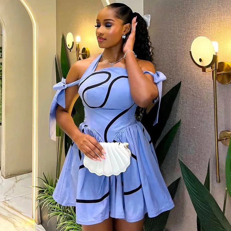 CM.YAYA Summer Women Bowknot Shoulder Halter Neck Geometric Striped Big Swing Dress Streetwear Night Club Party Dresses Vestidos