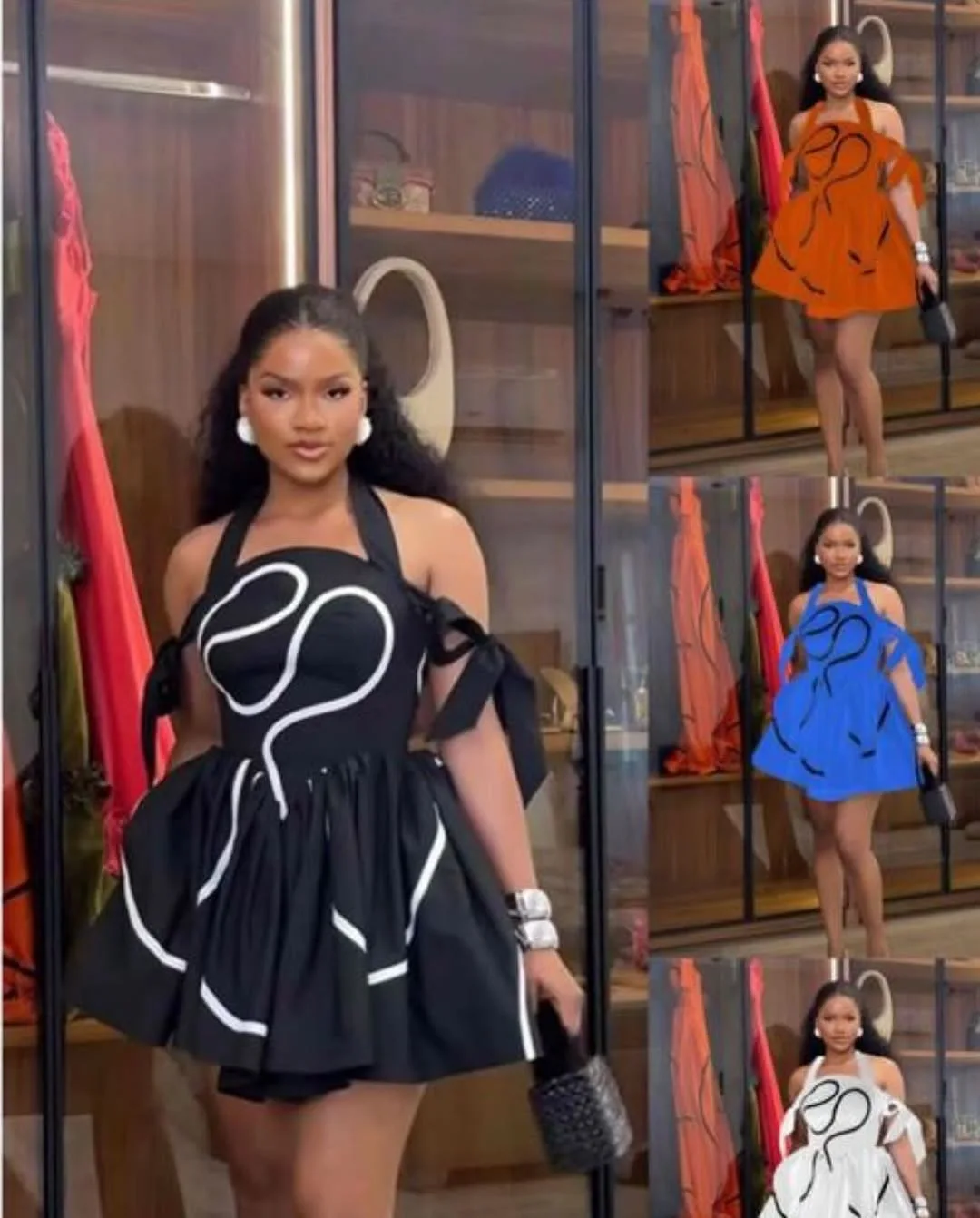 CM.YAYA Summer Women Bowknot Shoulder Halter Neck Geometric Striped Big Swing Dress Streetwear Night Club Party Dresses Vestidos