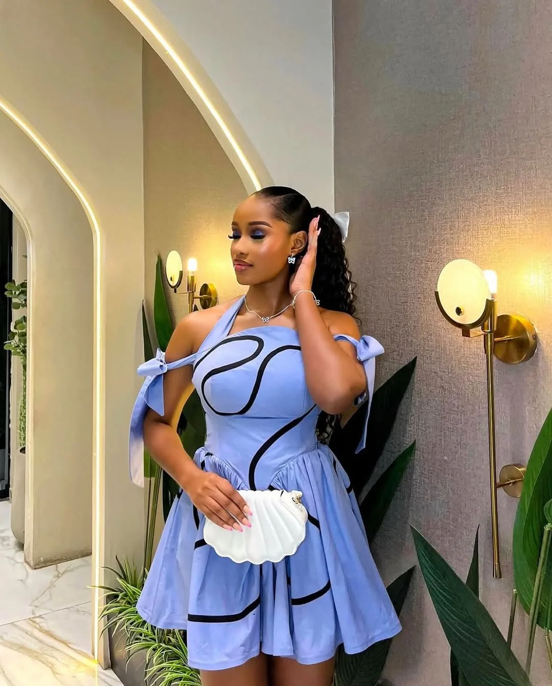 CM.YAYA Summer Women Bowknot Shoulder Halter Neck Geometric Striped Big Swing Dress Streetwear Night Club Party Dresses Vestidos