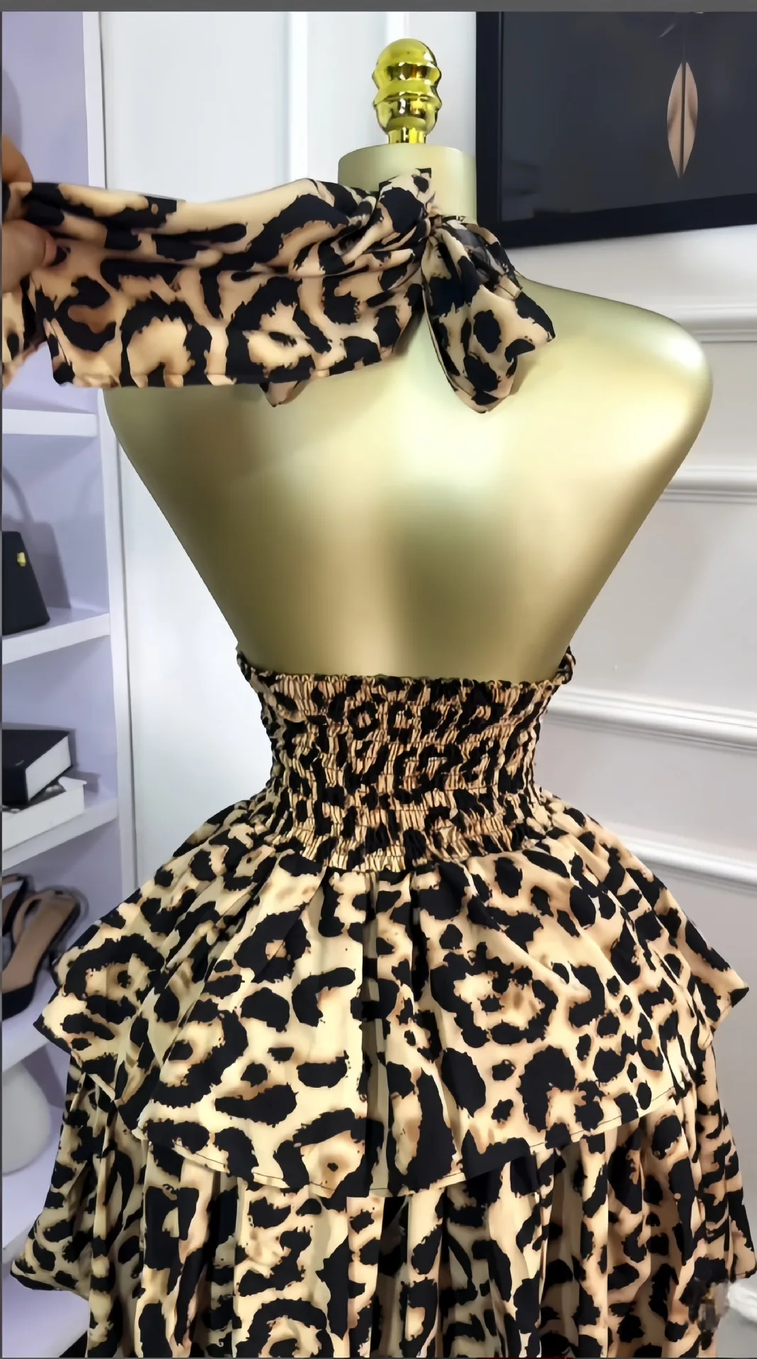 CM.YAYA Women Leopard Print Halter Neck Backless Cascading Ruffles Big Swing Ball Gown Mini Dress 2025 Sexy Club Party Dresses