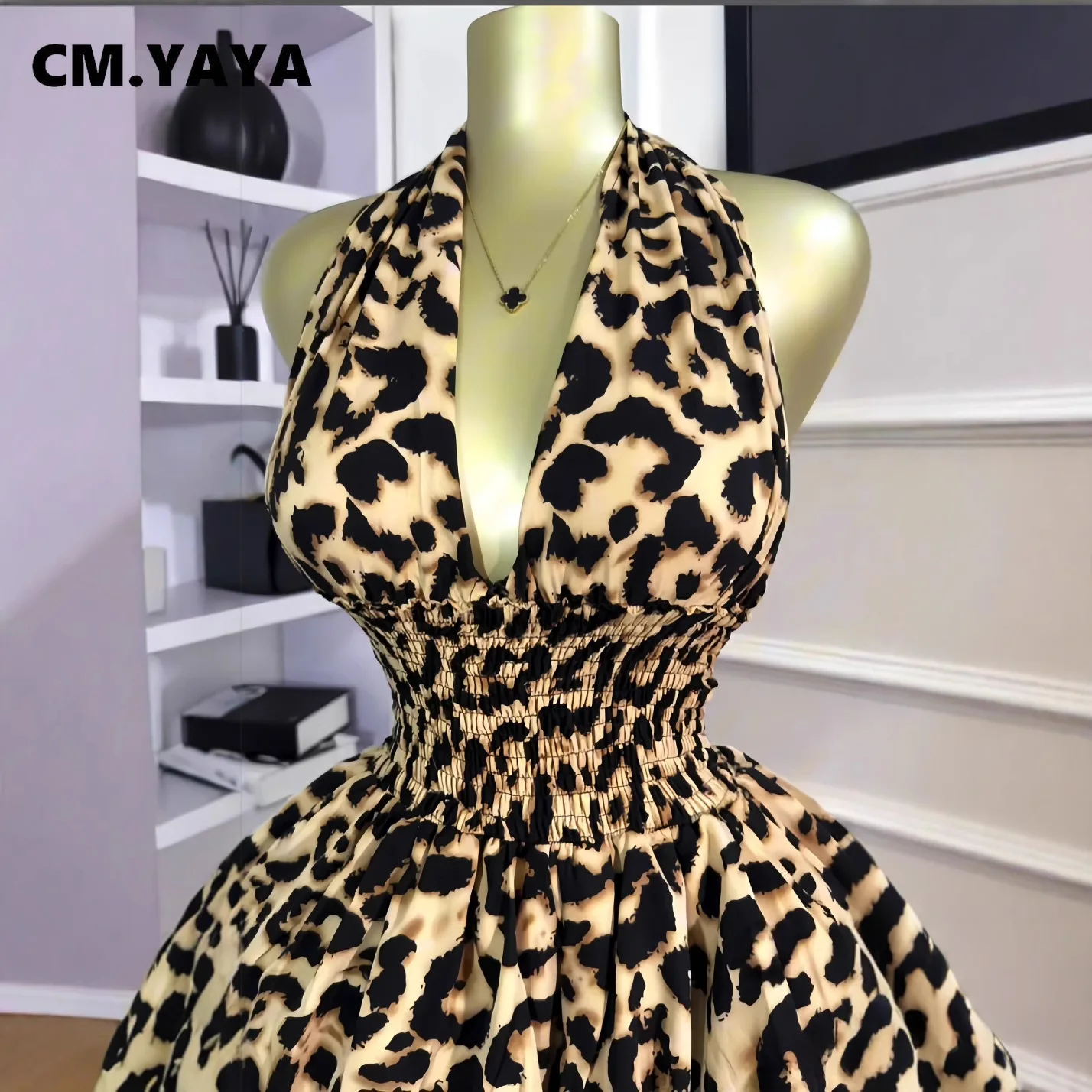 CM.YAYA Women Leopard Print Halter Neck Backless Cascading Ruffles Big Swing Ball Gown Mini Dress 2025 Sexy Club Party Dresses