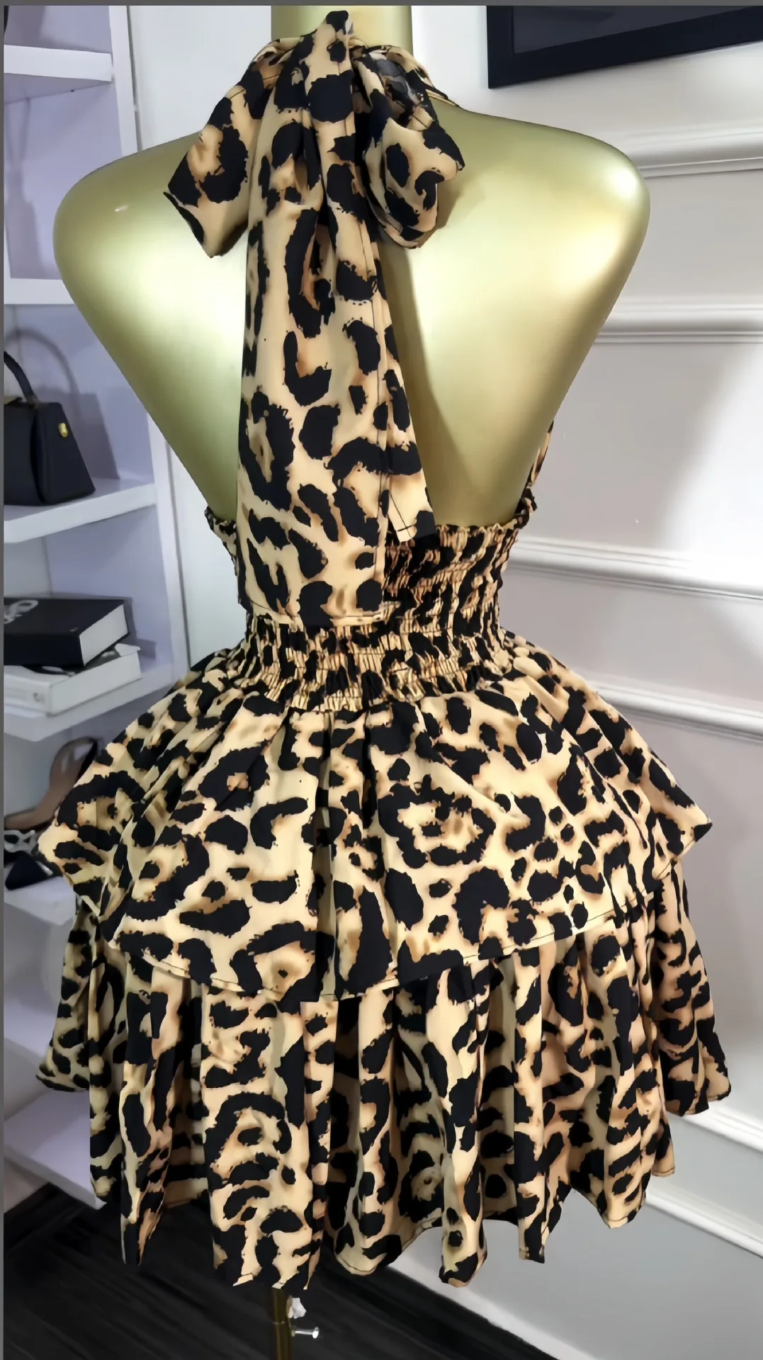 CM.YAYA Women Leopard Print Halter Neck Backless Cascading Ruffles Big Swing Ball Gown Mini Dress 2025 Sexy Club Party Dresses