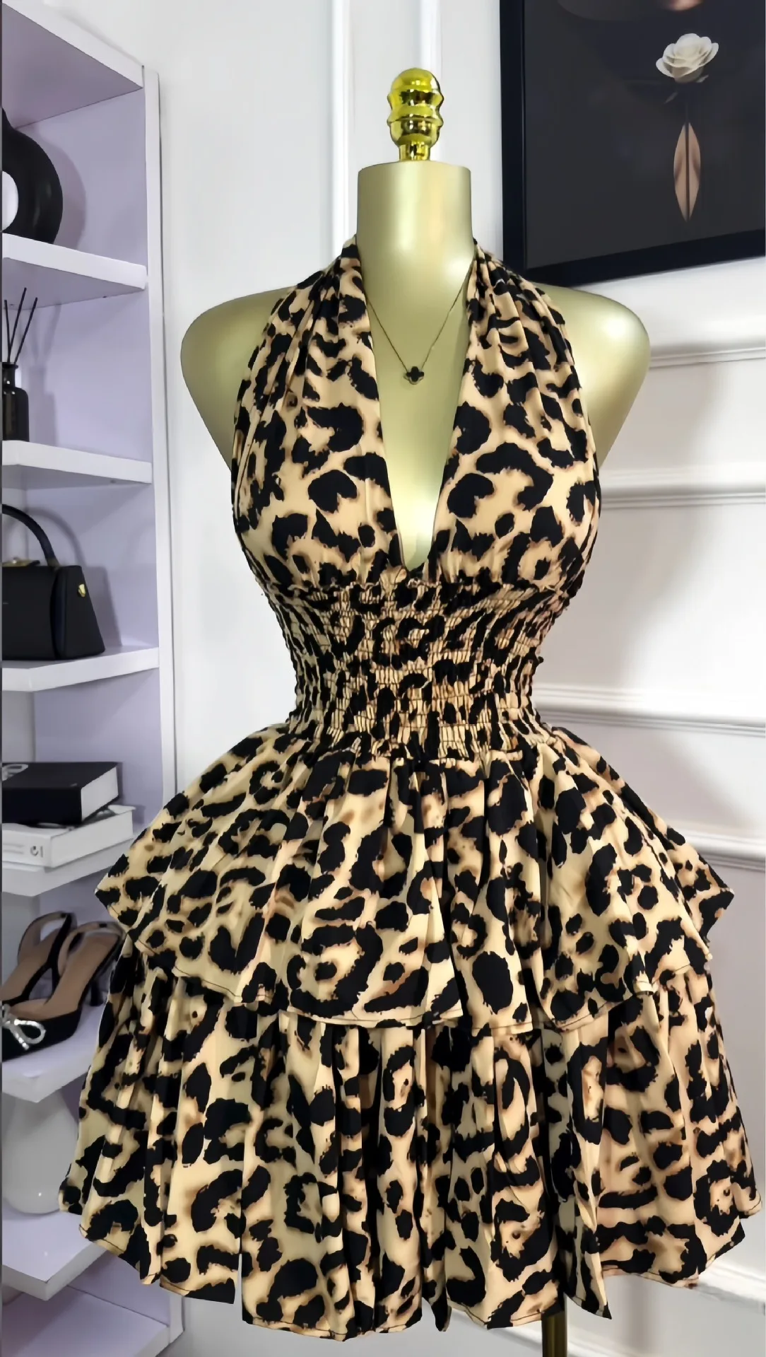 CM.YAYA Women Leopard Print Halter Neck Backless Cascading Ruffles Big Swing Ball Gown Mini Dress 2025 Sexy Club Party Dresses