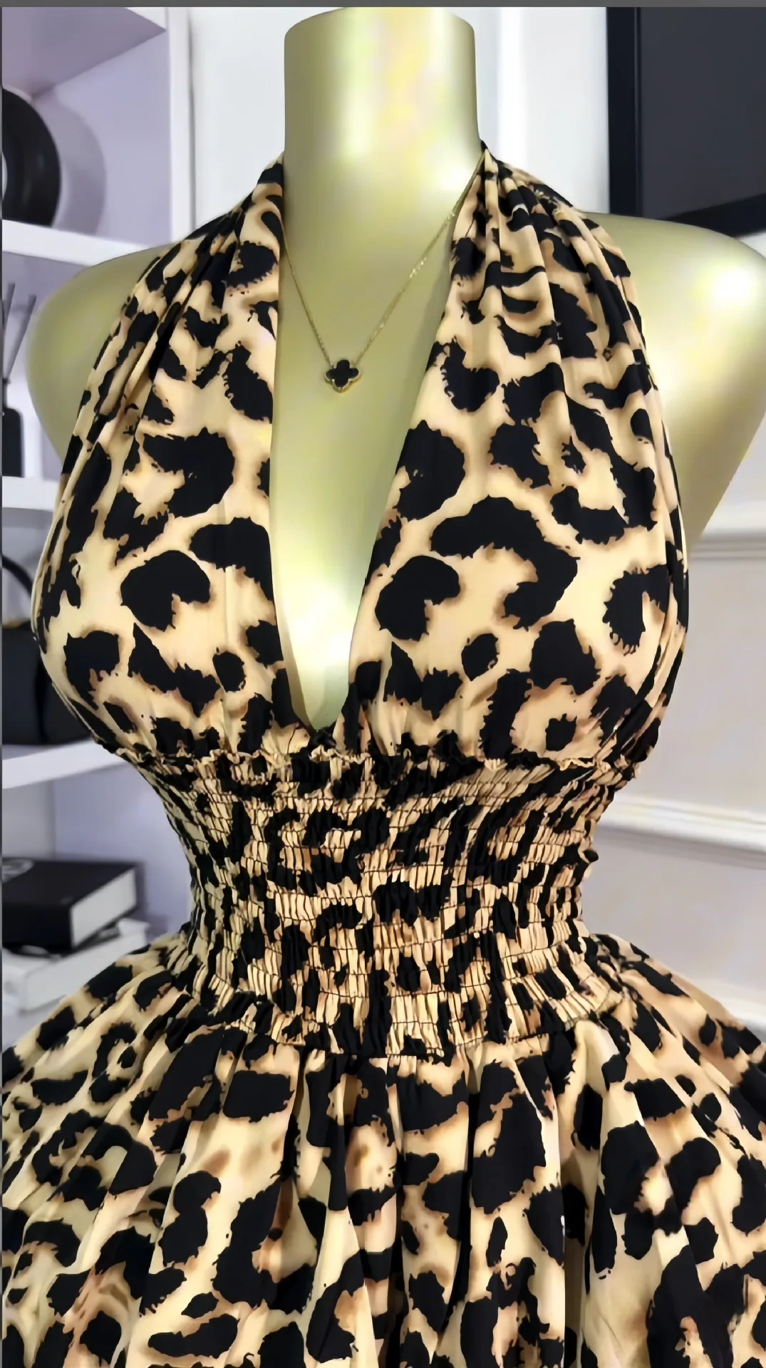 CM.YAYA Women Leopard Print Halter Neck Backless Cascading Ruffles Big Swing Ball Gown Mini Dress 2025 Sexy Club Party Dresses