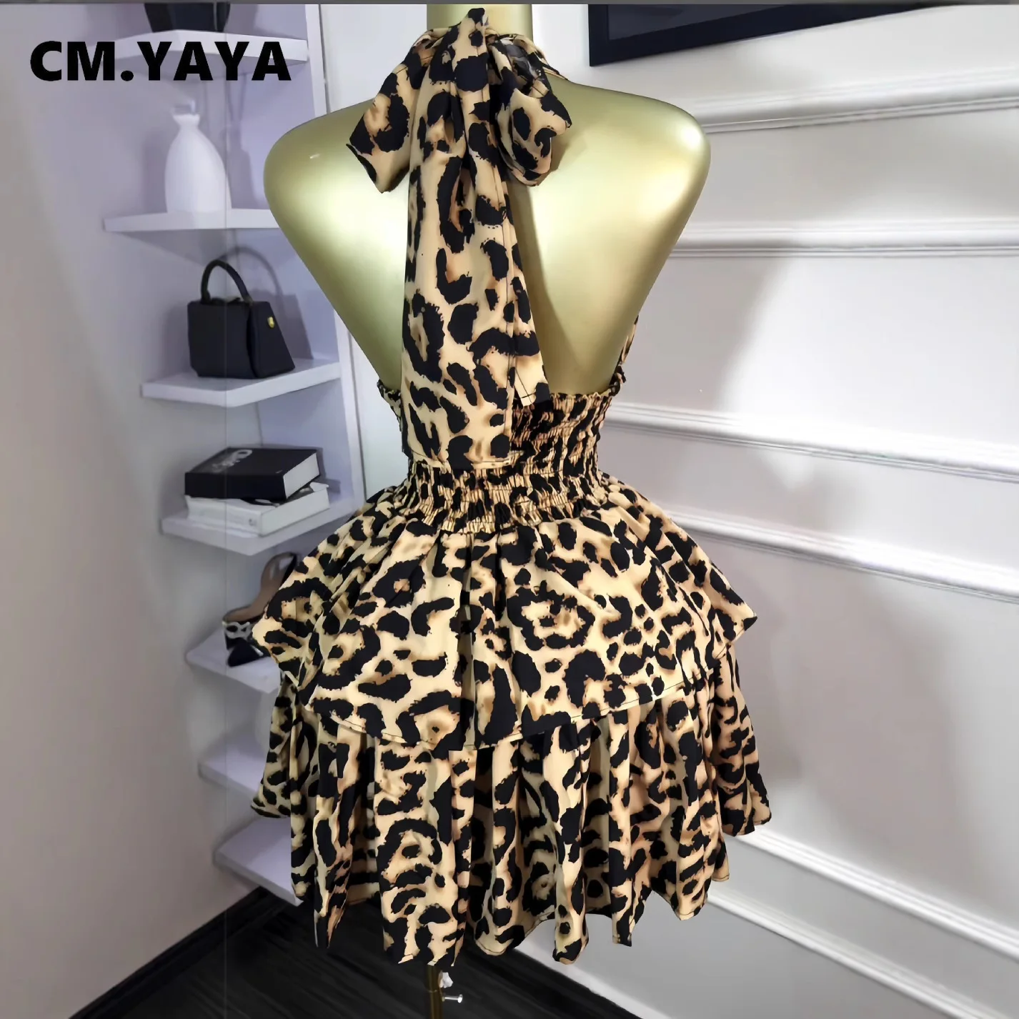 CM.YAYA Women Leopard Print Halter Neck Backless Cascading Ruffles Big Swing Ball Gown Mini Dress 2025 Sexy Club Party Dresses