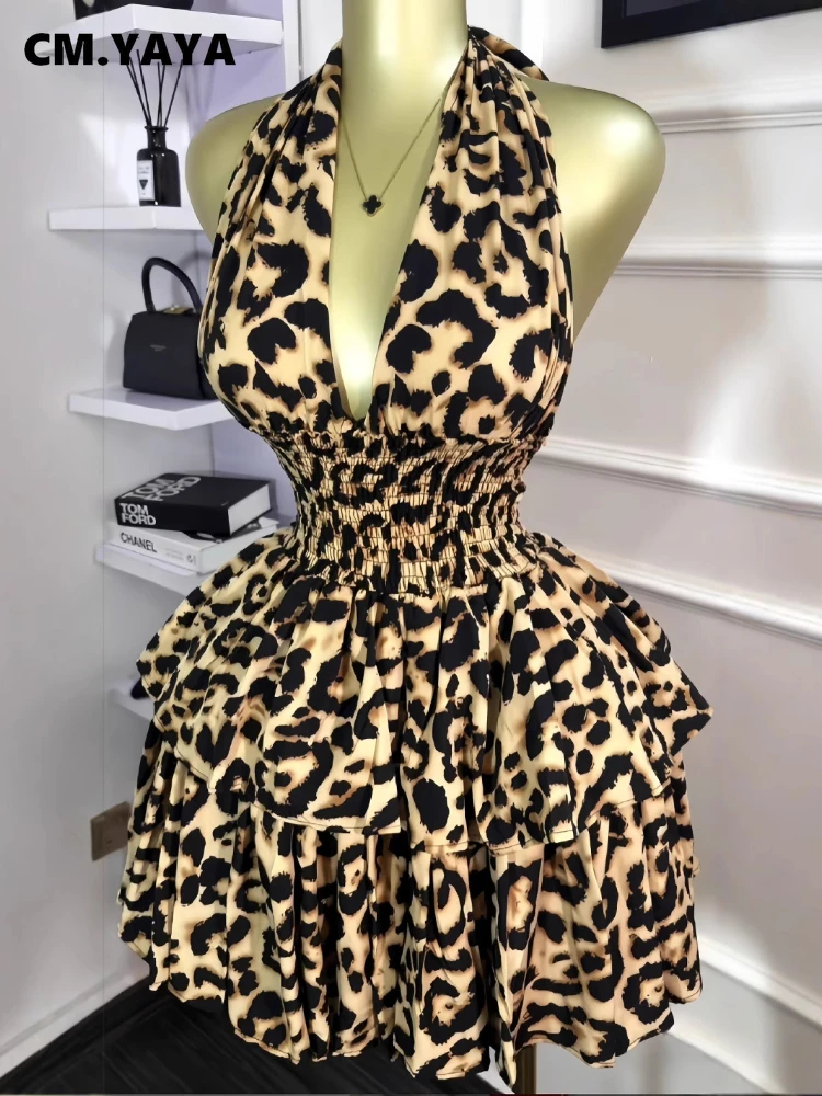 CM.YAYA Women Leopard Print Halter Neck Backless Cascading Ruffles Big Swing Ball Gown Mini Dress 2025 Sexy Club Party Dresses