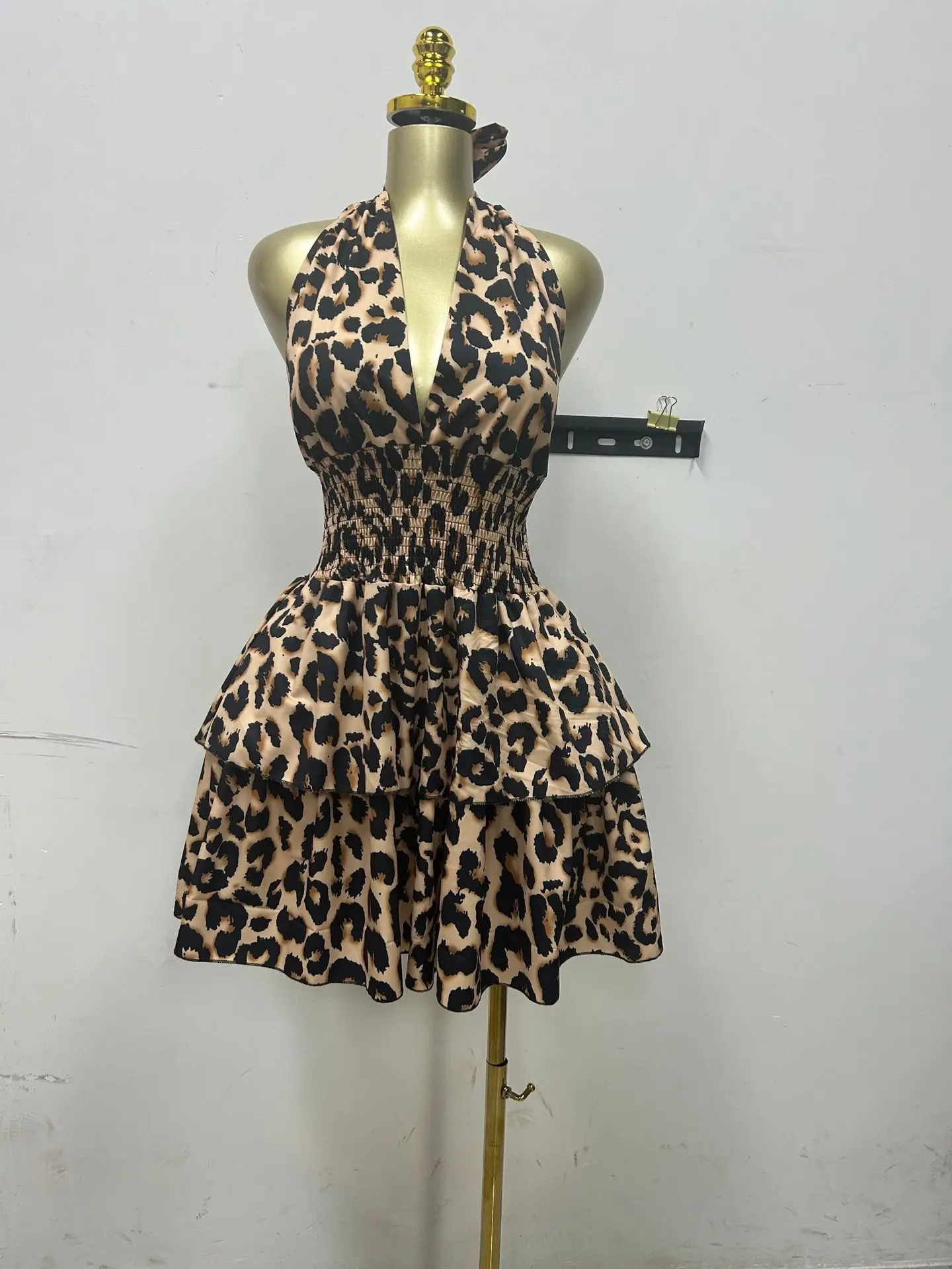 CM.YAYA Women Leopard Print Halter Neck Backless Cascading Ruffles Big Swing Ball Gown Mini Dress 2025 Sexy Club Party Dresses