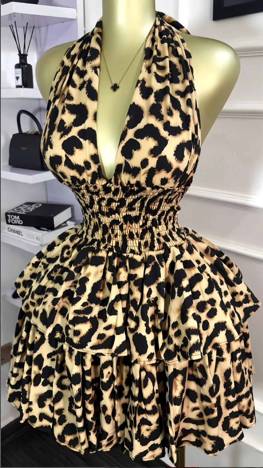 CM.YAYA Women Leopard Print Halter Neck Backless Cascading Ruffles Big Swing Ball Gown Mini Dress 2025 Sexy Club Party Dresses