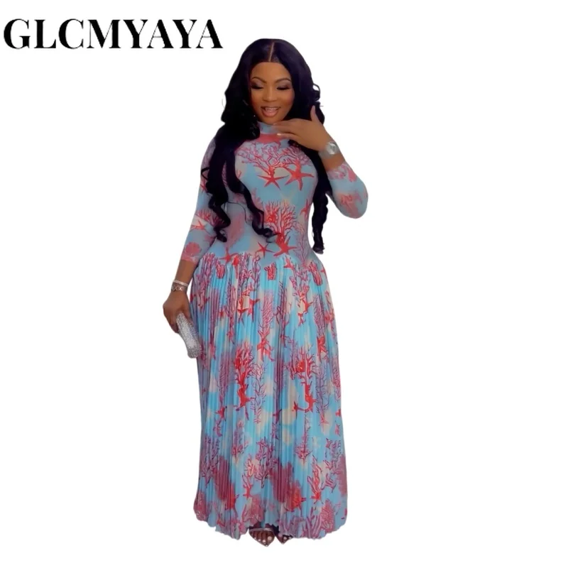 GLCMYAYA Women Print Full Sleeve O-neck Pleated Long Dress 2026 Spring Evening Elegant Romantic Vacation Party Birthday Dresses