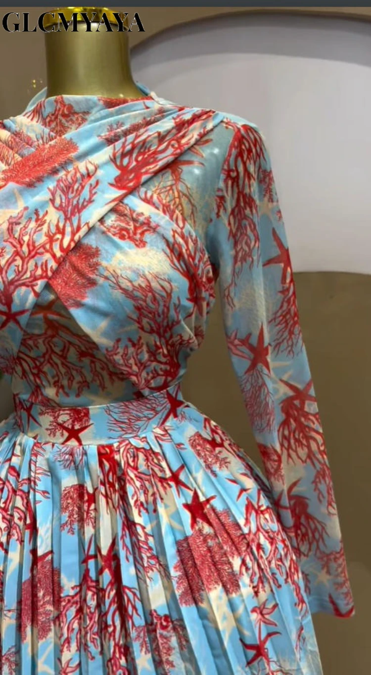 GLCMYAYA Women Print Full Sleeve O-neck Pleated Long Dress 2026 Spring Evening Elegant Romantic Vacation Party Birthday Dresses