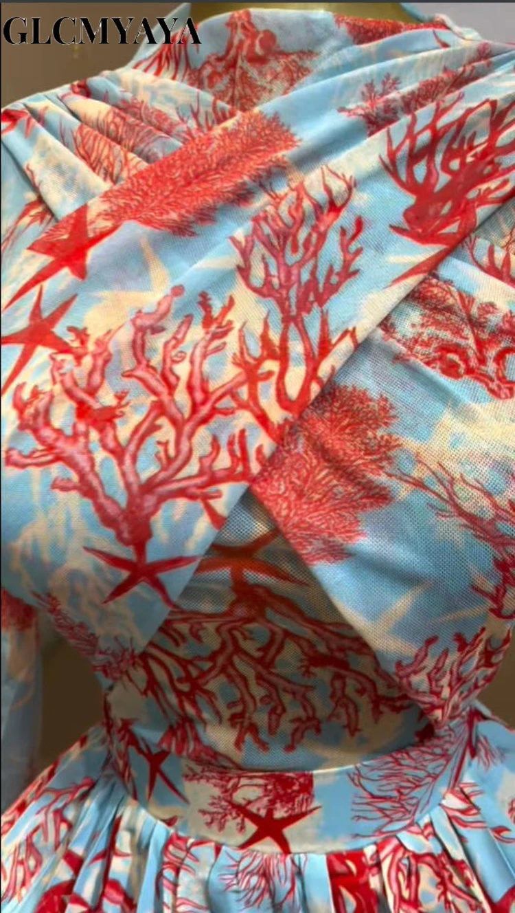 GLCMYAYA Women Print Full Sleeve O-neck Pleated Long Dress 2026 Spring Evening Elegant Romantic Vacation Party Birthday Dresses