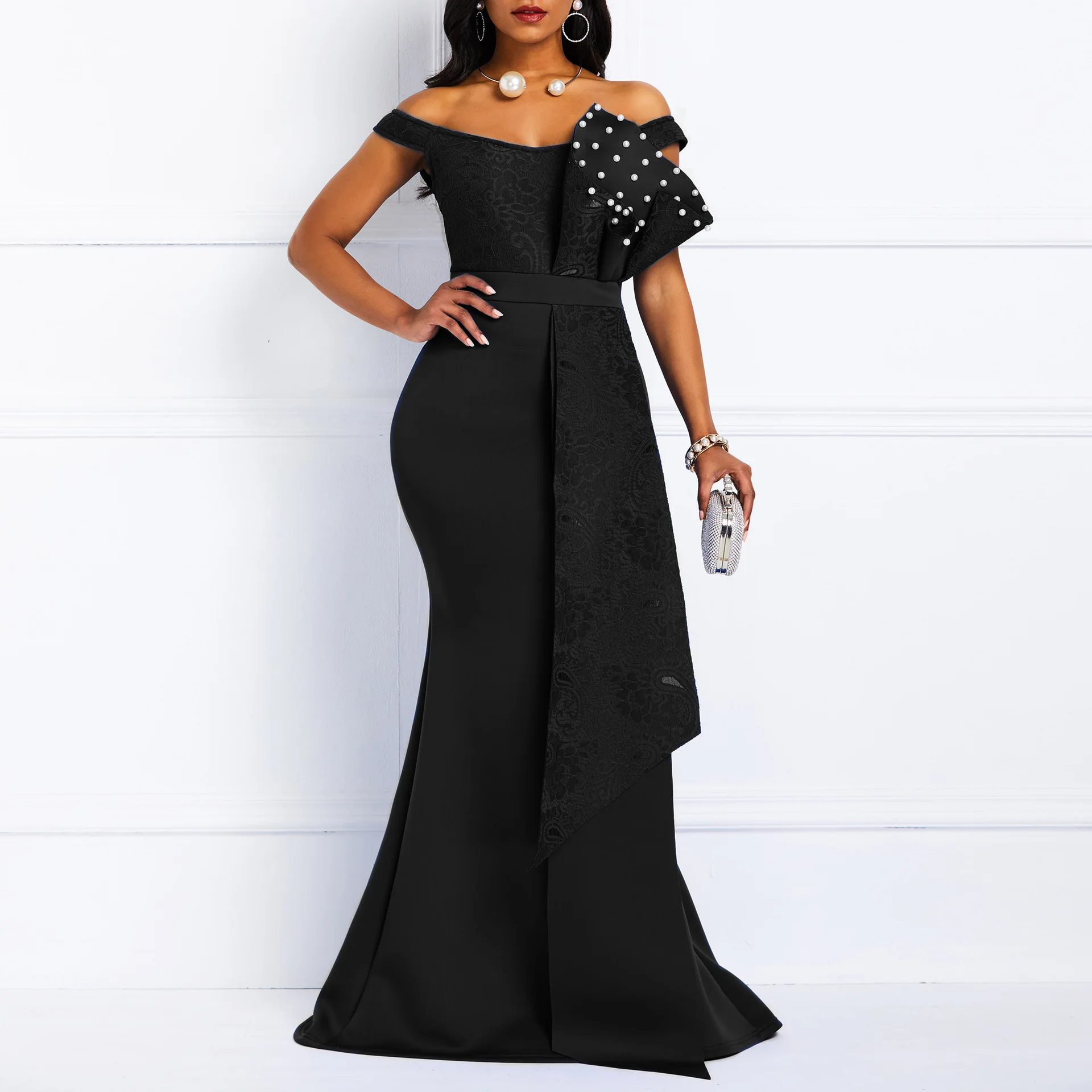 2021 Winter Women Slash Neck Short Sleeve Pearl Dress Sexy Office Lady Africa Evening Night Club Party Long Maxi Dresses GL05143 2021 Winter Women Slash Neck Short Sleeve Pearl Dress Sexy Office Lady Africa Evening Night Club Party Long Maxi Dresses GL05143