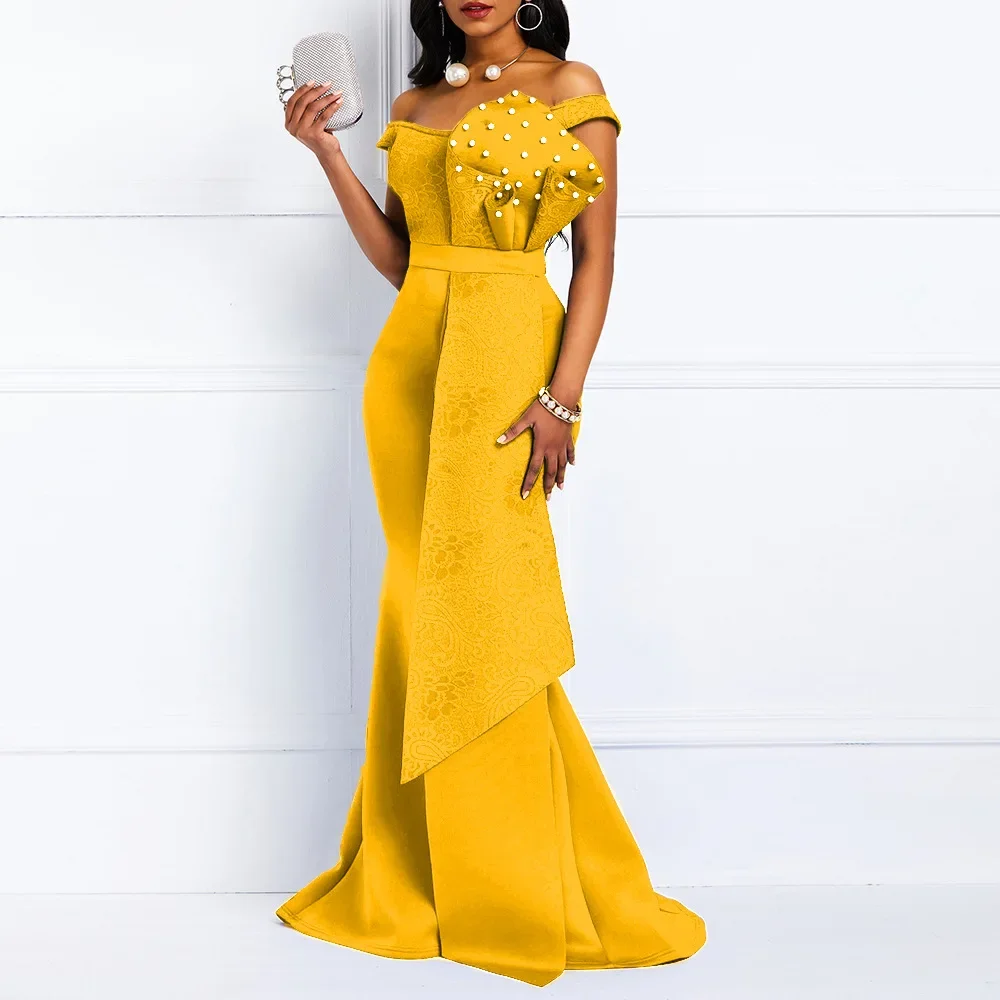 2021 Winter Women Slash Neck Short Sleeve Pearl Dress Sexy Office Lady Africa Evening Night Club Party Long Maxi Dresses GL05143