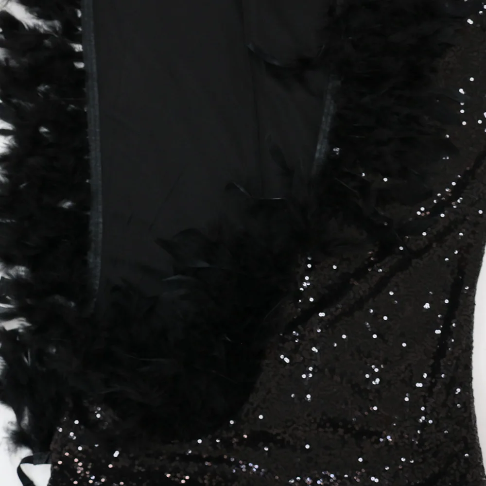 CM.YAYA Women Sequined Spaghetti Strap Feather Hem High Side Slit Mermaid Trumpet Bodycon Midi Evening Sexy Party Maxi Dresses