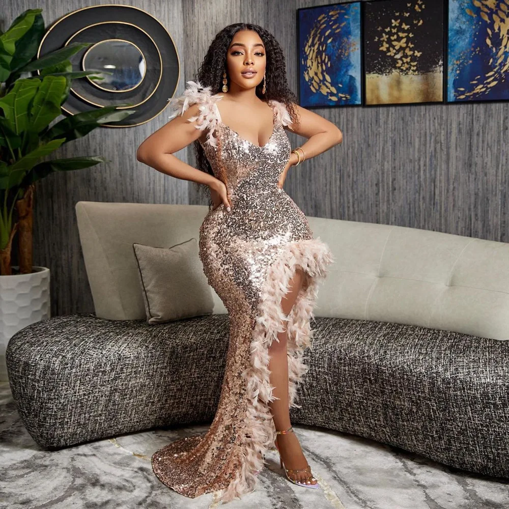 CM.YAYA Women Sequined Spaghetti Strap Feather Hem High Side Slit Mermaid Trumpet Bodycon Midi Evening Sexy Party Maxi Dresses