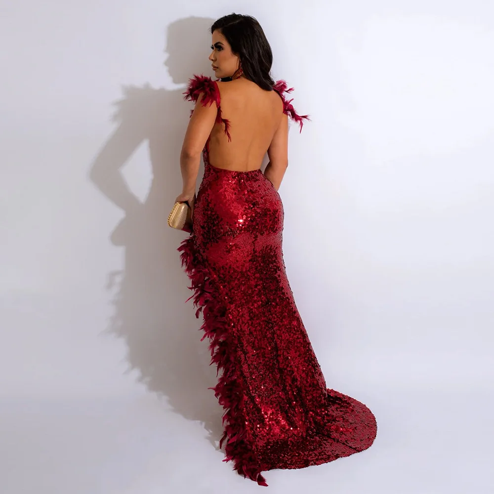 CM.YAYA Women Sequined Spaghetti Strap Feather Hem High Side Slit Mermaid Trumpet Bodycon Midi Evening Sexy Party Maxi Dresses